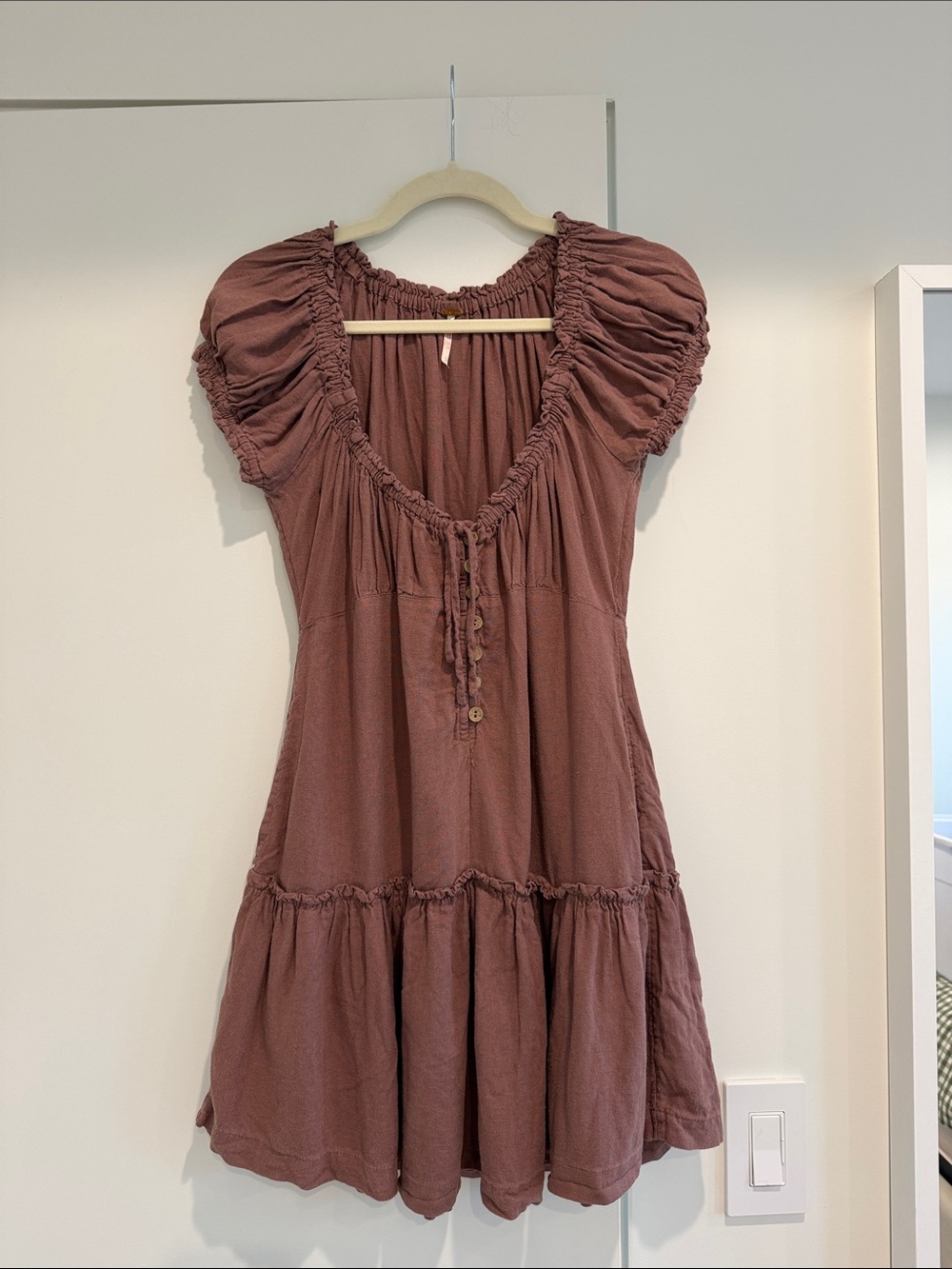 Free People Brown Short Tiered Women's Smock Dress with Puff Sleeves Size Small
